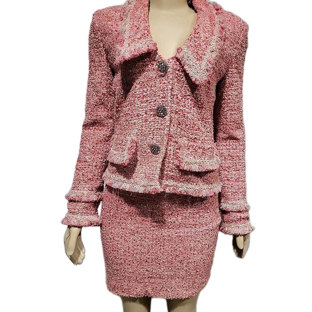 ST. JOHN COUTURE Black Label PINK Gray Eyelash Tweed Sz 4 Jacket  & Skirt #C7 - Picture 2 of 16